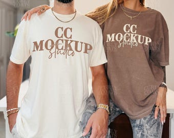 Couple Mockup Comfort Colors 1717 Espresso and Ivory, 2 Shirt Mockup with Male and Female Models, Oversized T-Shirt Mockup Real People