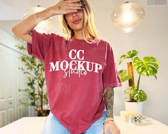 Comfort Colors C1717 Brick Shirt Mockup | Real Model Red Brick Tee | CC1717 Brick Red T-shirt Mockup | Lifestyle Comfort Colors Red Mock Up