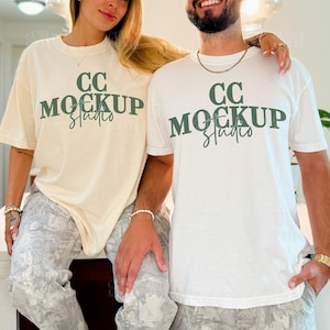 Couple Mockup Comfort Colors 1717 White & Ivory, 2 Shirt Mockup with Male and Female Models, Oversized Tee Lifestyle Mockup, CC1717 Ivory