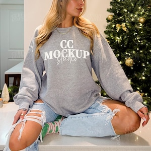 Sports Grey Gildan 18000 Crewneck Mockup | G180 Sports Gray Christmas Sweatshirt Mockup | Real Model Holiday Crewneck | Winter Neutral Photo