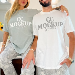 Comfort Colors Couple C1717 Mockup, Bay and White Oversized Matching Shirts, Real Model Light Blue Shirt Mockup, White TShirt Mockup