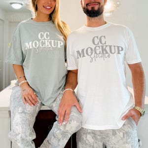 CC1717 Bay and White Couple Shirt Mockup, Real Model Lifestyle Tee Duo, Oversized Soft Blue and White Comfort Colors T-Shirts For Couples