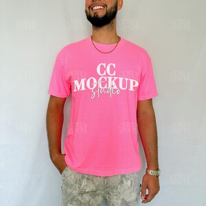 Comfort Colors 1717 Neon Pink Shirt Mockup | CC1717 Pink Tee | Real Model Mockup | Trendy Oversized T-Shirt | Print On Demand T-shirt Mockup