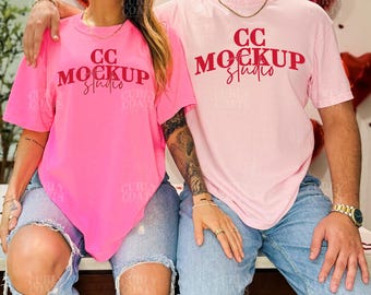 Neon Pink & Blossom Valentines Day Couple Mockup | CC1717 Pink Shirt Mockup | Comfort Colors 1717 Duo With Real Model | V-Day Couple Mockups