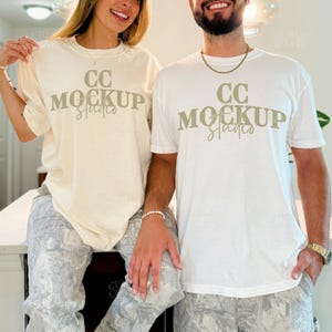 White and Ivory Comfort Colors 1717 Couple Shirt Mockup, Oversized Neutral Tee Duo with Man and Woman, Real Model Couple Mockup Duo Pack