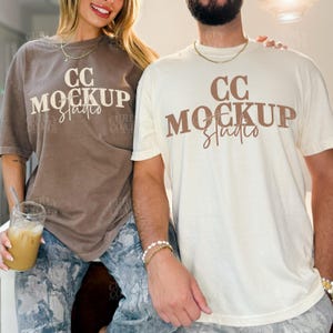 Couple Mockup Comfort Colors 1717 Espresso and Ivory, 2 Shirt Mockup with Male and Female Models, Oversized Unisex T-Shirt Mockup for Canva