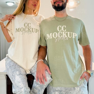 Matching TShirt C1717 Mockup Ivory & Khaki, Comfort Colors 1717 Oversized Earth Tone Shirt Duo, Neutral Beige Couple Mockup with Real Models