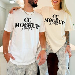 Matching Shirt Mockup C1717 White and Ivory, Comfort Colors CC1717 Couple Mockup, Real Male Female Model Oversized Lifestyle 2 Shirt Mockup