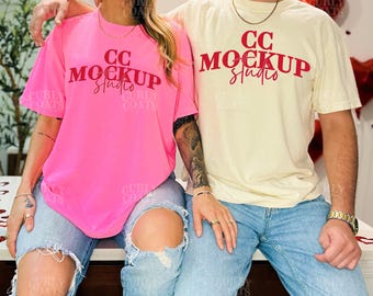Valentines Day Tshirt Mockup | Comfort Colors 1717 Neon Pink & Ivory Mockup | CC1717 Couple Mockup For Valentines | 2 Shirt Pink And Ivory