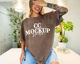 CC1717 Espresso Tee Mockup | Comfort Colors Brown Shirt | Neutral Brown TShirt Mockup | Real Model Lifestyle Photo | Espresso Brown Tee Mock