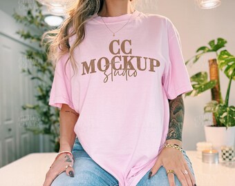 Comfort Colors Blossom Tee Mockup |  CC1717 Blossom Pink Shirt | Real Model Pink Short Sleeve | CC1717 Blossom Shirt For POD Design Template