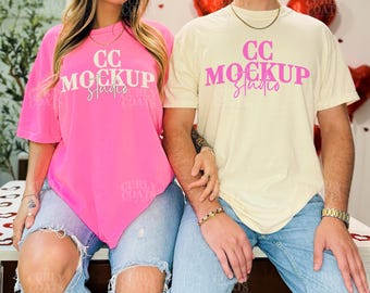 Valentine Couple Mockup | Valentines Day Tshirt Comfort Colors 1717 Mockup | CC1717 Neon Pink & Ivory Couple Shirt Mockup For Valentines Day