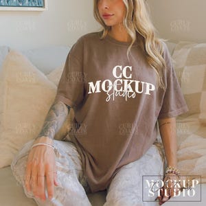 Comfort Colors 1717 Espresso Shirt Mockup | CC1717 Brown Tee Mock-up | Oversized Real Model Display | Boho Aesthetic POD Design Image