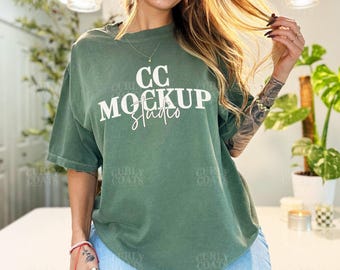 Comfort Colors 1717 Sage Shirt Mockup | Real Model Green Tee | CC1717 Sage T-Shirt Mockup | Soft Sage Green Short Sleeve POD Shirt Mockup