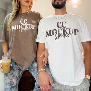 Comfort Colors 1717 Espresso & White, CC1717 Brown and White Shirt Mockup, Real Model Couple Mockup, Trendy Oversized TShirt Couples Mockup