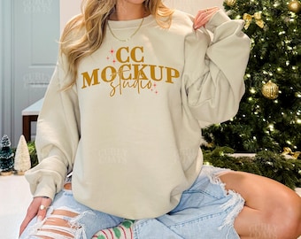 Gildan 18000 Sand Sweatshirt Mockup | Beige Christmas Crewneck Mockup | G180 Sand Holiday Sweatshirt Real Model Cozy Mockup, Sand Crewneck