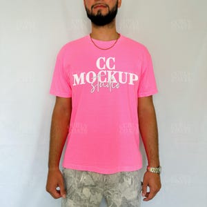 Comfort Colors Neon Pink Tee Mockup | C1717 Neon Pink Shirt | Real Model Beach T-Shirt Mockup | Trendy Tropical Summer Shirt Mock