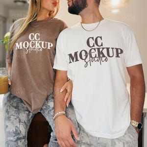 CC1717 White and Espresso Couple Mockup, 2 Shirt Matching Tee Mockup with Real Models, Oversized Brown and Cream Comfort Colors Shirts