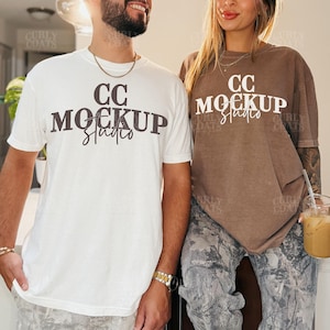 CC1717 White and Espresso Couple Mockup, 2 Shirt Matching Tee Mockup with Real Models, Oversized Brown and Cream Comfort Colors Shirts