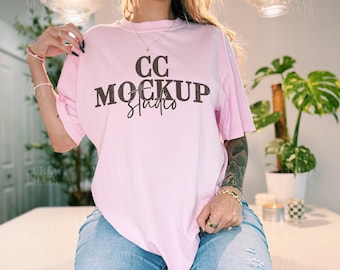 Blossom CC1717 Shirt Mockup | Comfort Colors Blossom Pink Tee | Real Model Light Pink T-Shirt | CC1717 Short Sleeve Shirt | Digital POD File