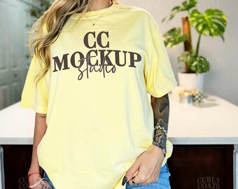 Comfort Colors CC1717 Butter Shirt Mockup | Real Model Yellow Tee | CC1717 Butter T-Shirt Mockup | Comfort Colors Butter Short Sleeve Tee