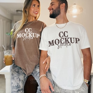 Couple Mockup Comfort Colors 1717 Espresso and White, 2 Shirt Mockup with Male and Female Models, Neutral Oversized Tee Duo Real Model
