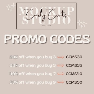 May include: A promotional graphic for Curly Coats Studio, established in 2024. The image features the text "PROMO CODES" in large, bold letters. Below, it lists discounts: 30% off when you buy 3, 35% off when you buy 5, 40% off when you buy 7, and 50% off when you buy 9.