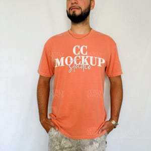 Comfort Colors 1717 Terracotta Tee Shirt Mockup | Trendy Oversized Peach Orange Mock-up | Real Model | CC1717 Terracotta Orange Mockup