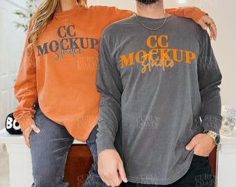 CC6014 Pepper Yam Long Sleeve Duo | Comfort Colors Couple Mockup | Grey & Orange Two Shirt Mockup | Halloween Autumn Thanksgiving Design