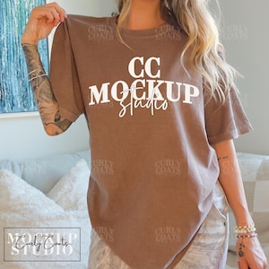 Comfort Colors 1717 Espresso Shirt Mockup | CC1717 Brown Tee Mock-up | Oversized Real Model Display | Boho Aesthetic POD Design Image