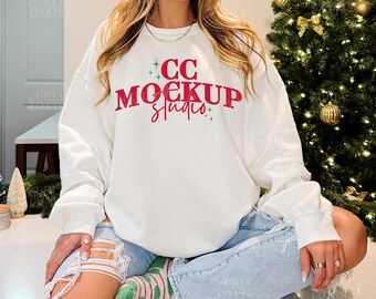 Gildan 18000 White Sweatshirt Mockup | White Christmas Crewneck Mockup | G180 White Holiday Sweatshirt | Real Model Christmas Mockup Photo