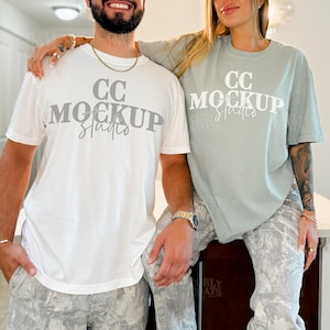 Couple Mockup Comfort Colors 1717 Bay and White, Oversized T-Shirt Pair with Real Models, Soft Blue and White Matching Shirt Mockup Dup