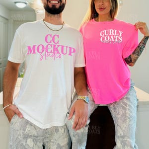 CC1717 Neon Pink and White T-Shirt Mockup, Real Model Couple Duo, 2 Shirt Oversized Neon Pink and White Comfort Colors Mockup For Couples