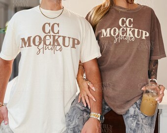 Matching Shirt Mockup Comfort Colors Espresso & Ivory, Couple T-Shirt Mock Up with Man and Woman, Oversized Brown Cream Tee Mockup CC1717
