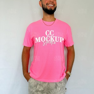 Neon Pink Comfort Colors C1717 T-Shirt Mockup | Lifestyle Shirt Mockup with Real Model | Oversized Tee Mockup | Trendy Bright Pink Shirt