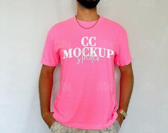 Neon Pink Comfort Colors C1717 T-Shirt Mockup | Lifestyle Shirt Mockup with Real Model | Oversized Tee Mockup | Trendy Bright Pink Shirt