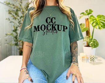 Sage Comfort Colors 1717 Tee Mockup | CC1717 Sage Green Shirt | Real Model Green Shirt Photo | POD Green Shirt Mockup | Earthy Green Shirt