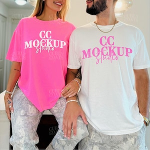 Comfort Colors Neon Pink Tee Mockup | C1717 Neon Pink Shirt | Real Model Couple T-Shirt Mockup | Trendy White Shirt Mockup, 2 Shirt Mockup