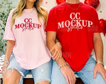 Couple Mockup Comfort Colors 1717 | Blossom & Red Valentine Shirt Mockup | Valentines Day Man Woman Duo Tee | Pink And Red Couple Mockups
