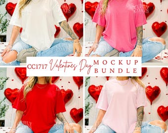 Comfort Colors 1717 Valentines Mockup Bundle, CC1717 Galentines Day T-shirt Mockup 4 Pack | Red White Blossom Crunchberry V-Day T Shirt Mock