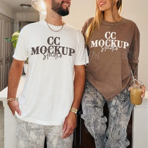 Matching Mockup Comfort Colors 1717 Espresso and White, Couple T-Shirt Mockup with Man and Woman, Oversized Brown and White Tee Mockup