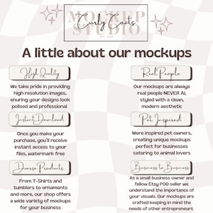 May include: A promotional graphic for Curly Coats Studio, featuring text about their mockups. The text highlights high-quality images, instant downloads, diverse products, real people models, pet-inspired designs, and business-to-business focus.