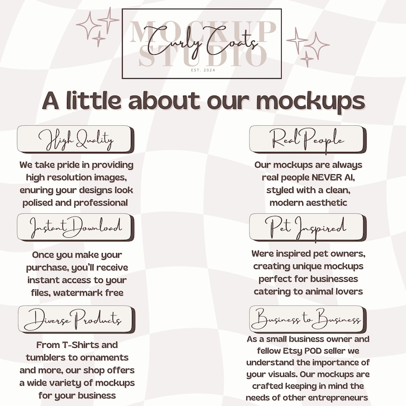 May include: A promotional graphic for Curly Coats Studio, featuring text about their mockups. The text highlights high-quality images, instant downloads, diverse products, real people models, pet-inspired designs, and business-to-business focus.