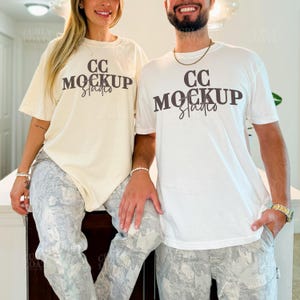 Comfort Colors 1717 White and Ivory Shirt Mockup, Real Model Couple T-Shirt Duo, Neutral Oversized Tee Matching Mockup for POD Sellers