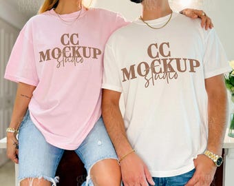 CC1717 Blossom and White Shirt Mockup, Trendy Real Model Couple Tee Mockup, Oversized Pink and White T-Shirt Mockup, Couple C1717 Mockups