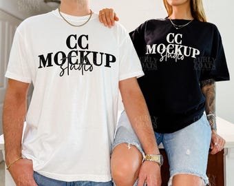 Couple Mockup Comfort Colors 1717 Black And White | 2 Shirt Mockup | Male and Female Model | Trendy Oversized Tee Mockup White Tee Black Tee