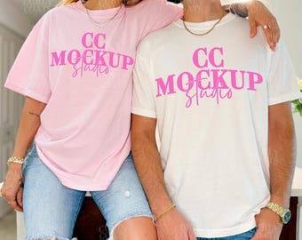 CC1717 Blossom and White Shirt Mockup, Trendy Real Model Couple Tee Mockup, Oversized Pink and White T-Shirt Mockup, Couple C1717 Mockups