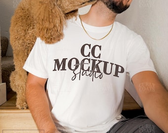 Maqueta de camisa blanca Comfort Colors C1717 / Maqueta de camiseta de modelo masculino / Descarga de camiseta extragrande para hombre / Foto de la marca de mascota real / Exhibición POD