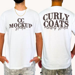 May include: White t-shirt with the text "CC MOCKUP studio" on the front and "CURLY COATS mockup studio" on the back. The shirt is a basic crew neck style.