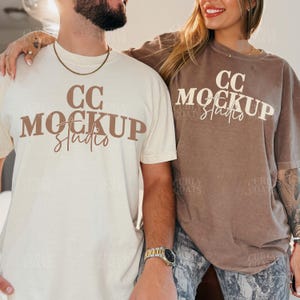 Couple Mockup Comfort Colors 1717 Espresso and Ivory, 2 Shirt Mockup with Male and Female Models, Oversized Unisex T-Shirt Mockup for Canva